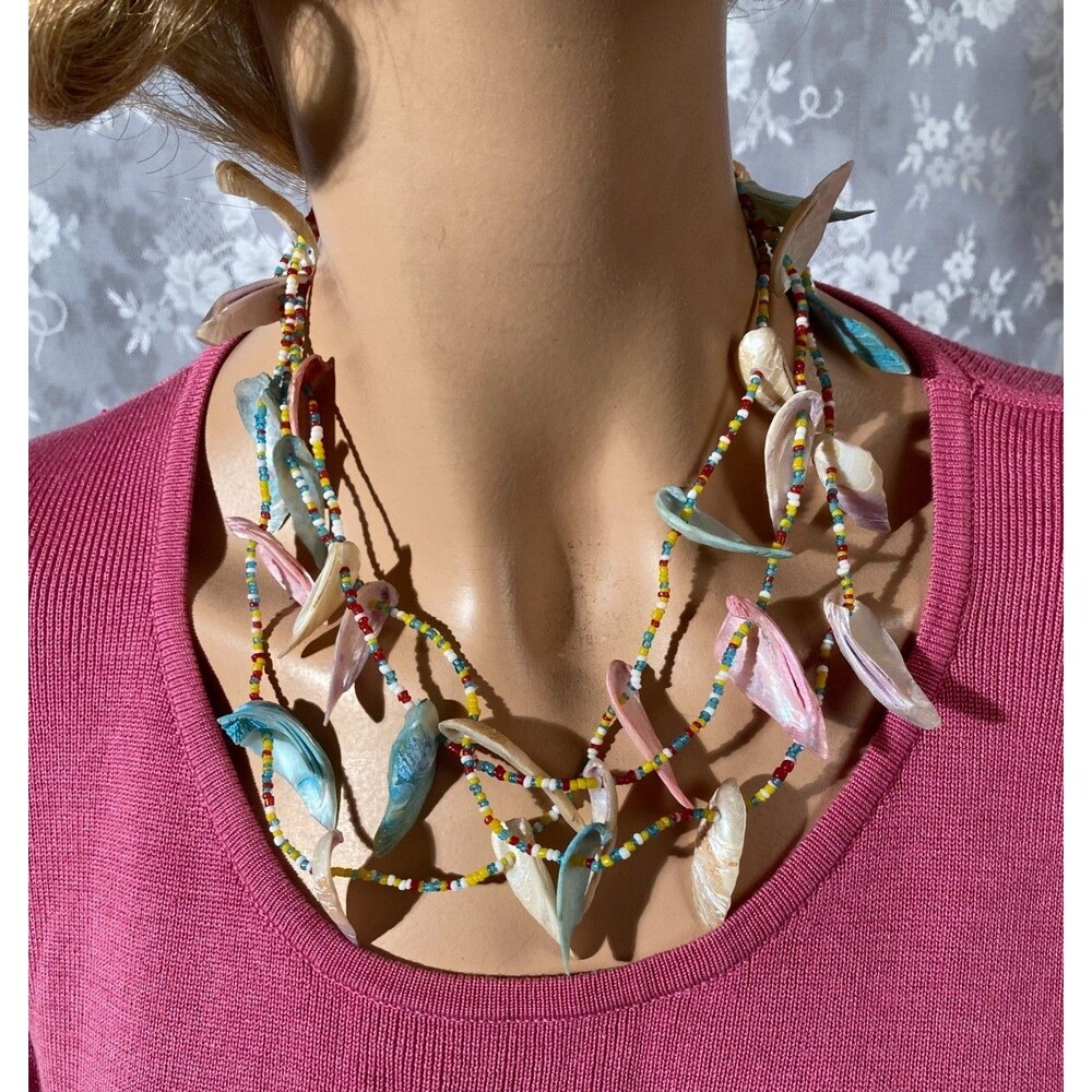 Vintage 80s Shell Necklace 3 Strand Pastel Beaded Mermaid Boho Statement Jewelry
